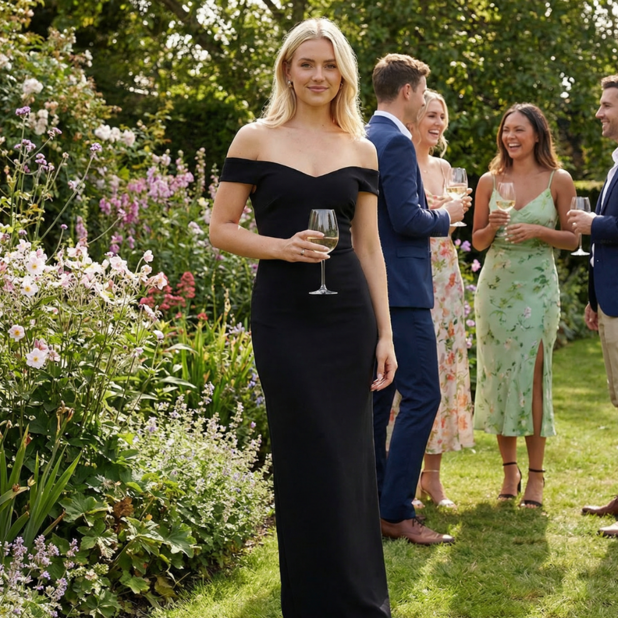 blonde model wearing the vesper holland black maxi dress holding a glass of wine at a garden party