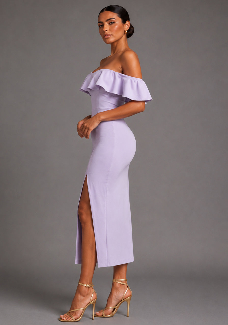 Deirdre | Bardot Off-Shoulder Frill Lilac Midaxi Dress