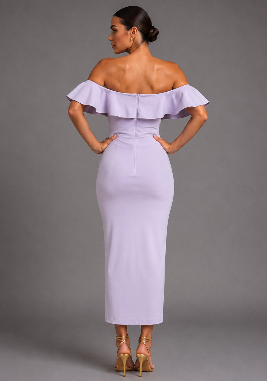 Deirdre | Bardot Off-Shoulder Frill Lilac Midaxi Dress