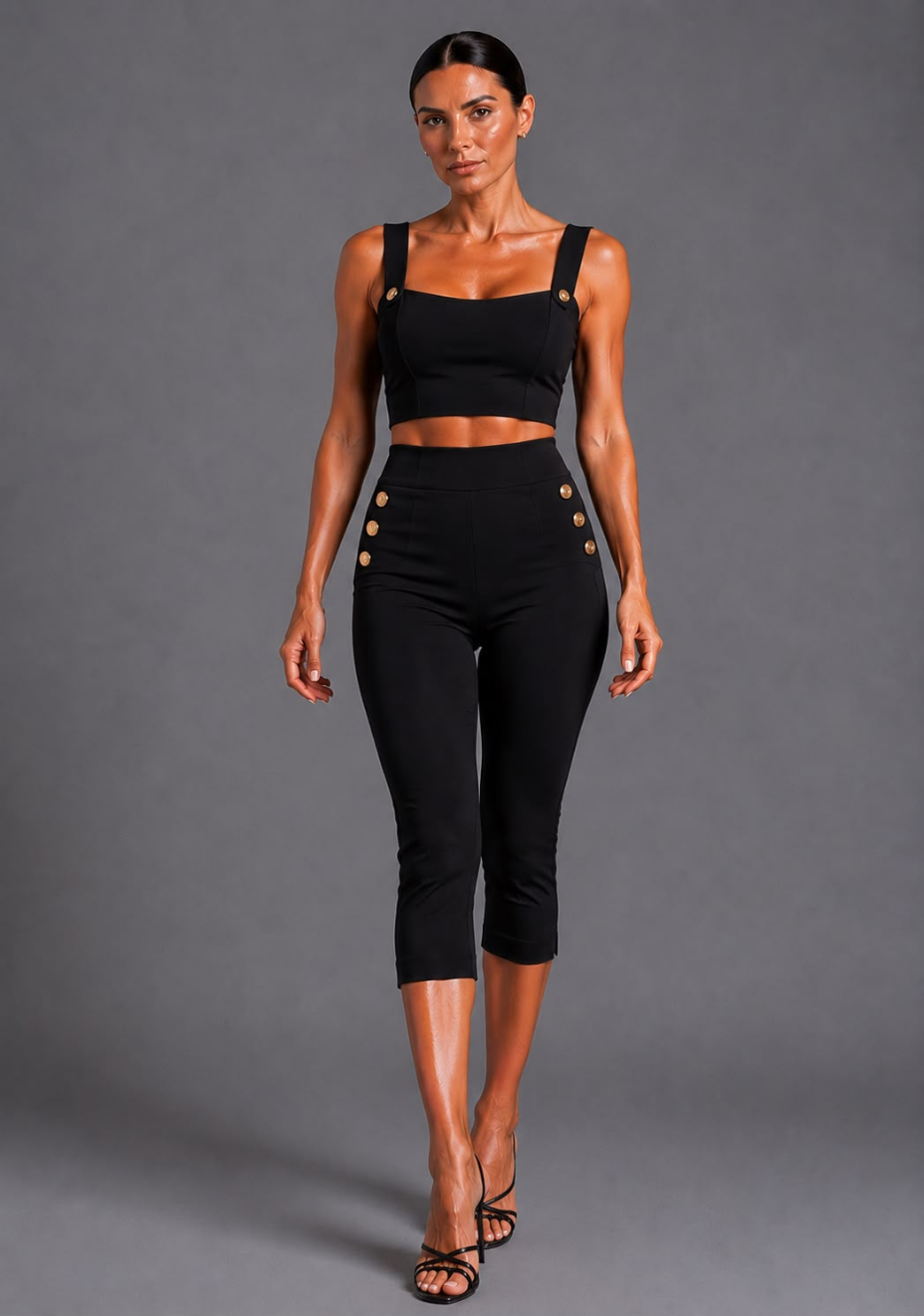 Front image of a model wearing the VSPR Athena Square Neckline Button Detail Black Crop Top with Capri Cropped Black Button Detail Trousers, featuring a structured square neckline, gold button front detailing, and a sculpted tailored fit, standing against a grey studio backdrop.