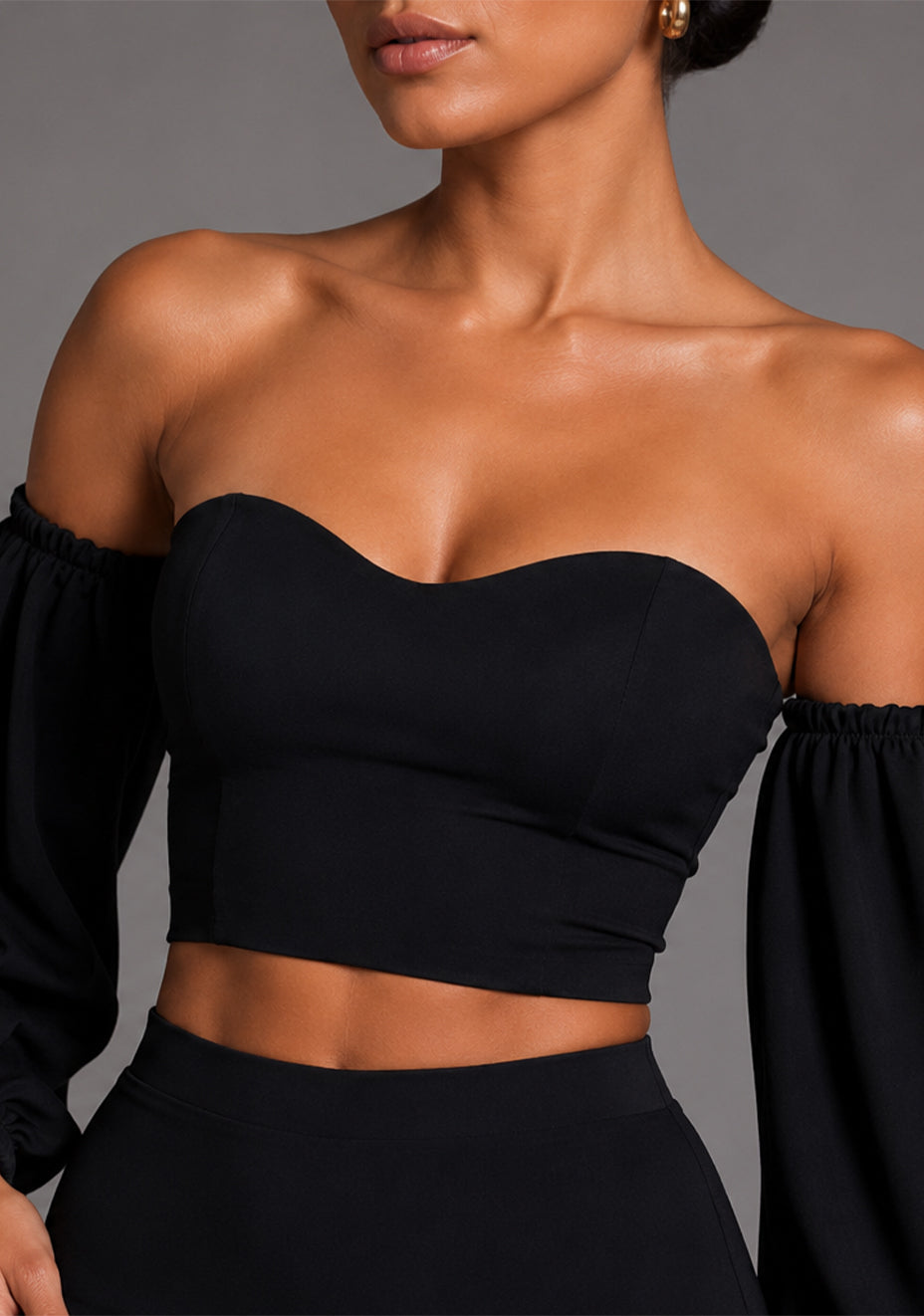 Belle | Sweetheart Neckline Puff Sleeve Black Top