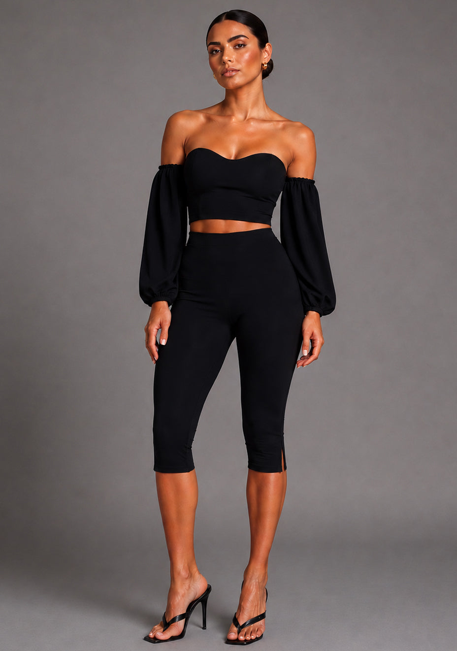 Belle | Sweetheart Neckline Puff Sleeve Black Top