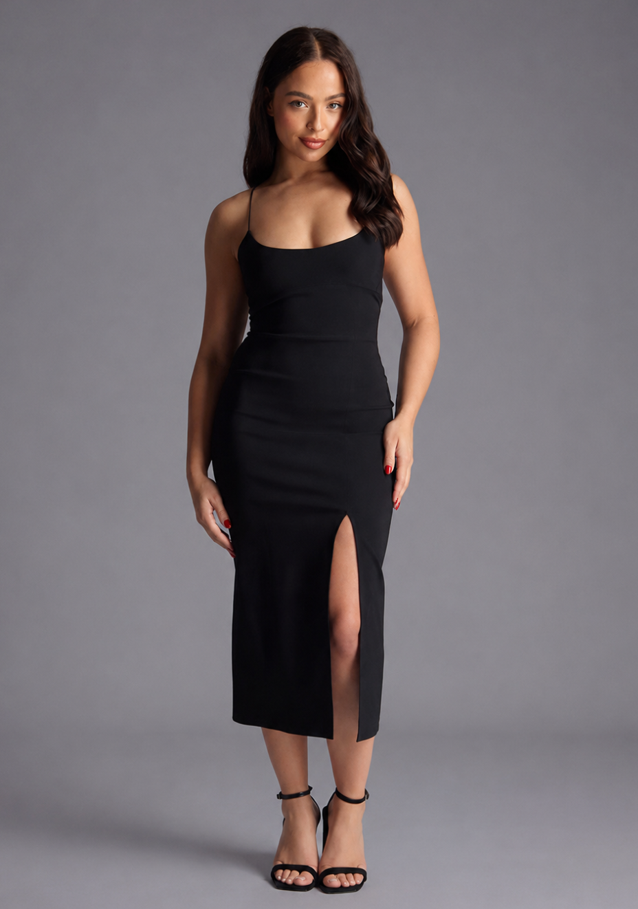 Beryl | Petite Strappy Bodycon Black Midaxi Dress