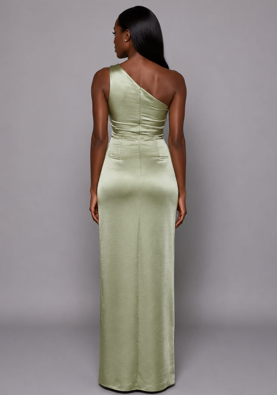 Fliss | One Shoulder Satin Olive Maxi Dress