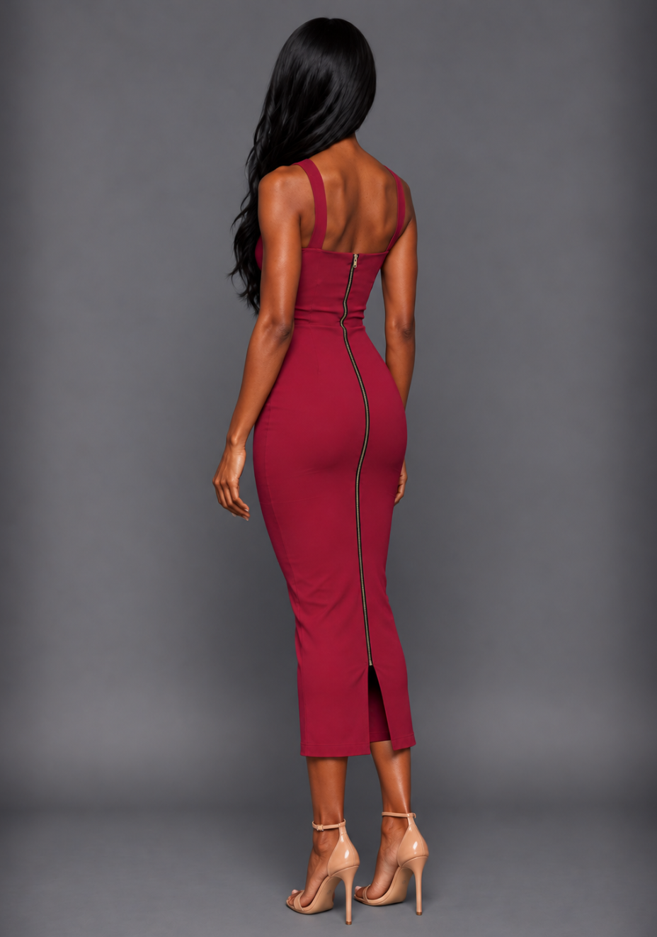 Side back image of a model wearing the VSPR Hudson Raspberry Bodycon Midaxi Dress from a side back angle, highlighting the smooth figure-skimming shape and concealed back zip against a grey studio backdrop.