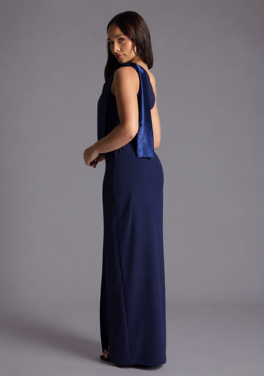 Olympia | Petite One Shoulder Satin Contrast Navy Maxi Dress