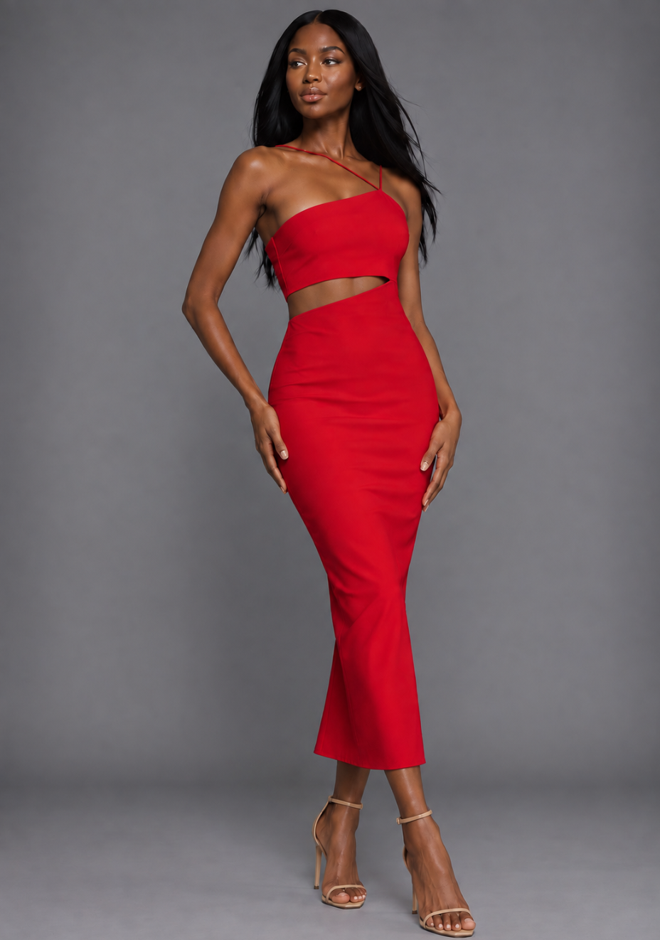 Whitney | Strappy One Shoulder Cut Out Red Midaxi Dress