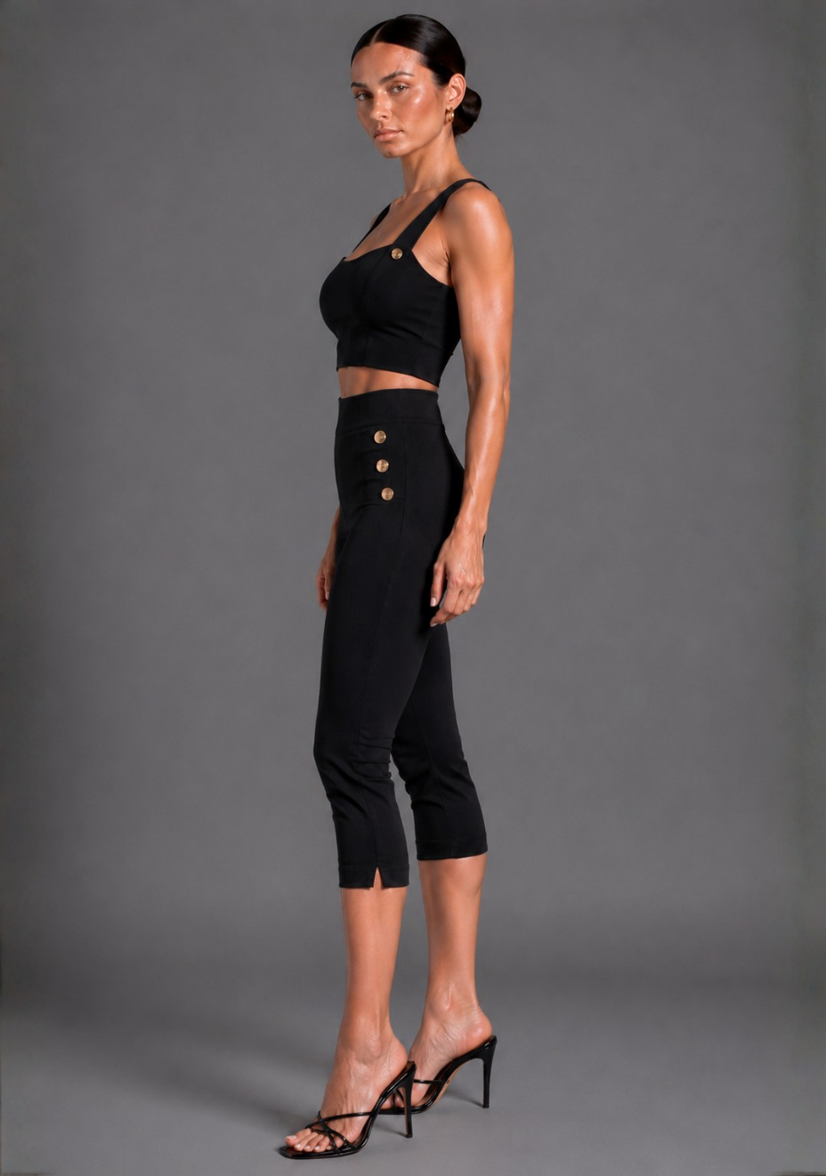 Athena | Square Neckline Button Detail Black Crop Top