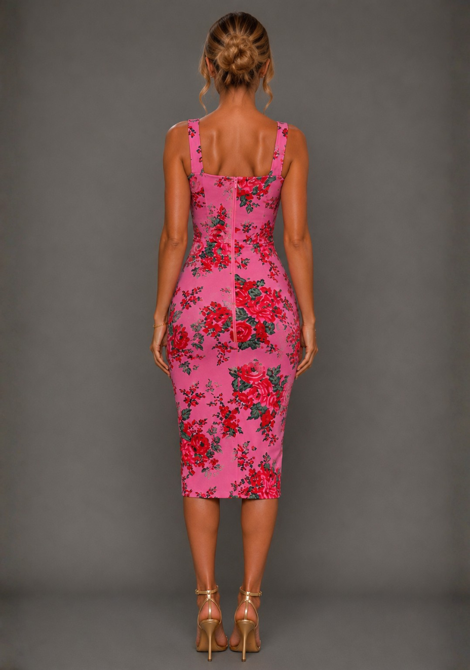 Zada | Square Neck Pink Floral Midi Dress