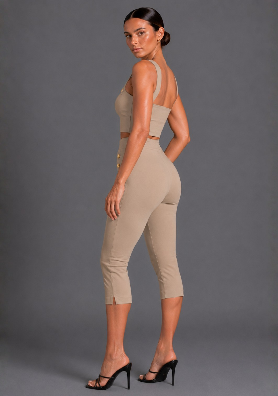 Athena | Square Neckline Button Detail Taupe Crop Top