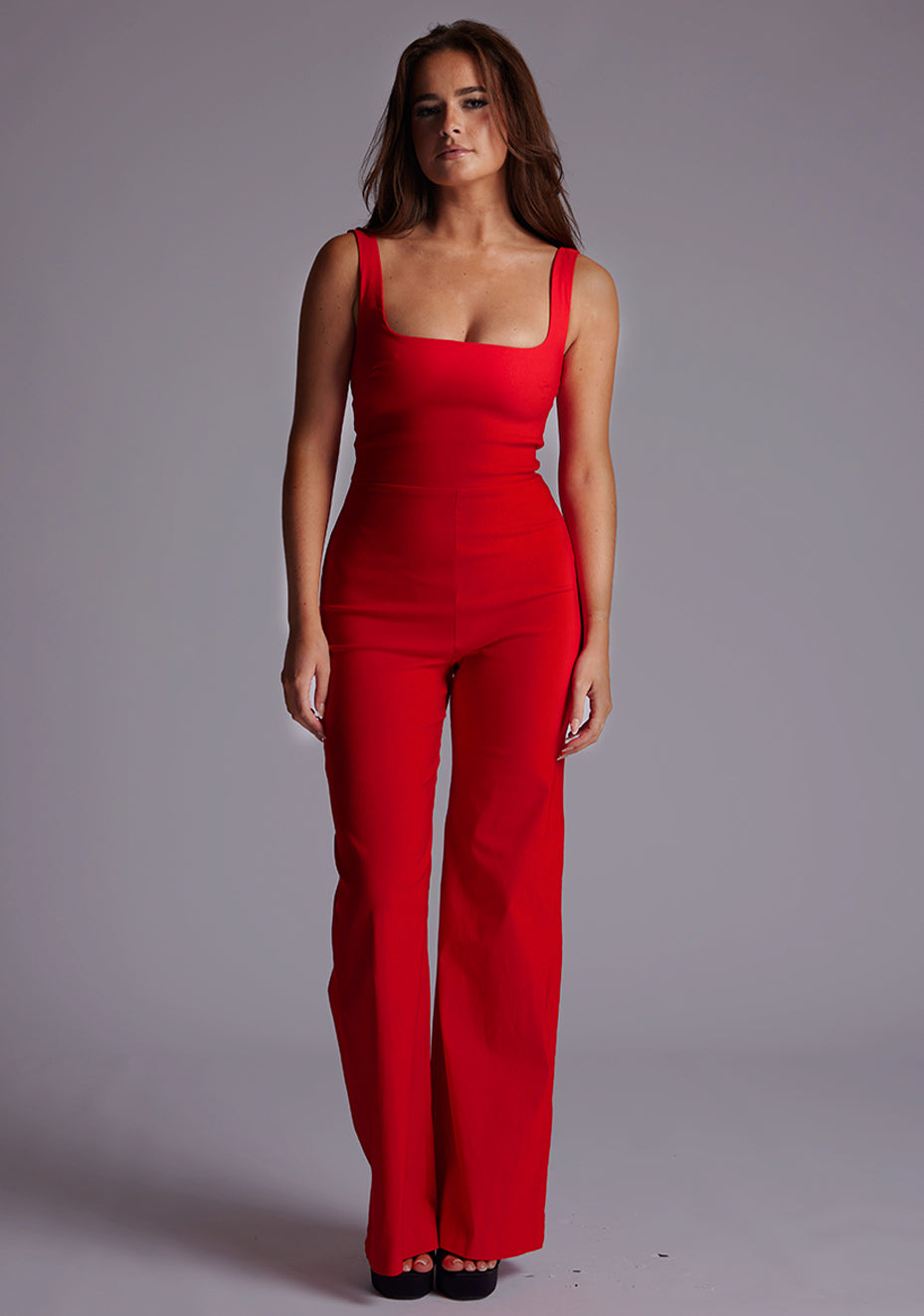 Alana | Square Neck Red Wide Leg Jumpsuit