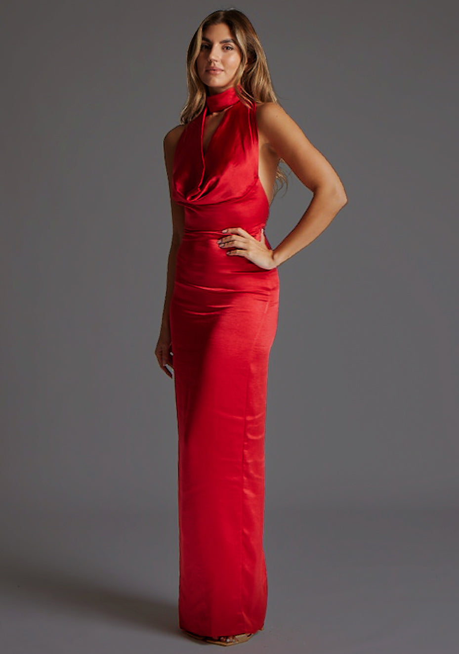 Colby | Cowl Neck Open Back Satin Red Maxi Dress