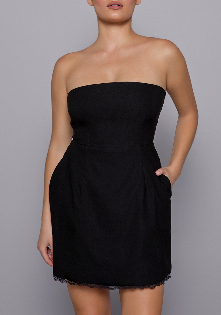 Emily | Strapless Lace Trim Black Mini Dress