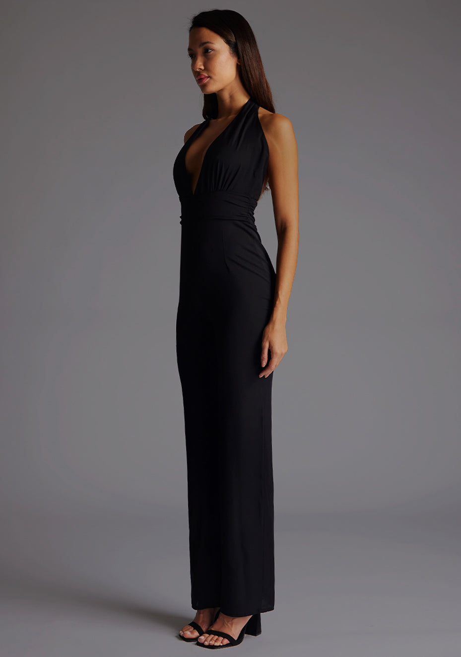 Flynn | Plunge Neckline Black Wide Leg Jumpsuit