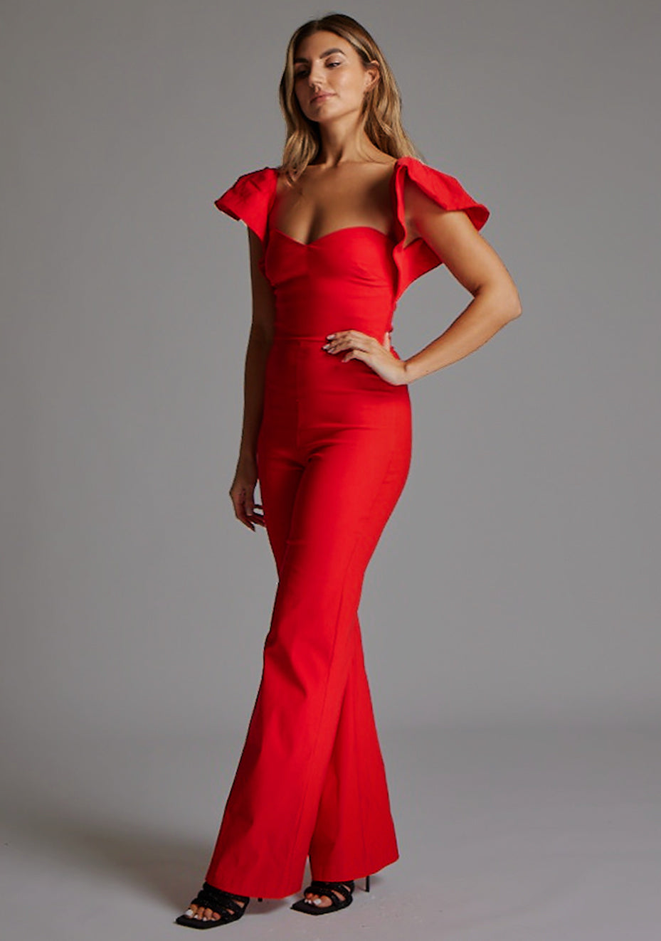 Leigh | Wide Leg Frill Sleeve Red Jumpsuit