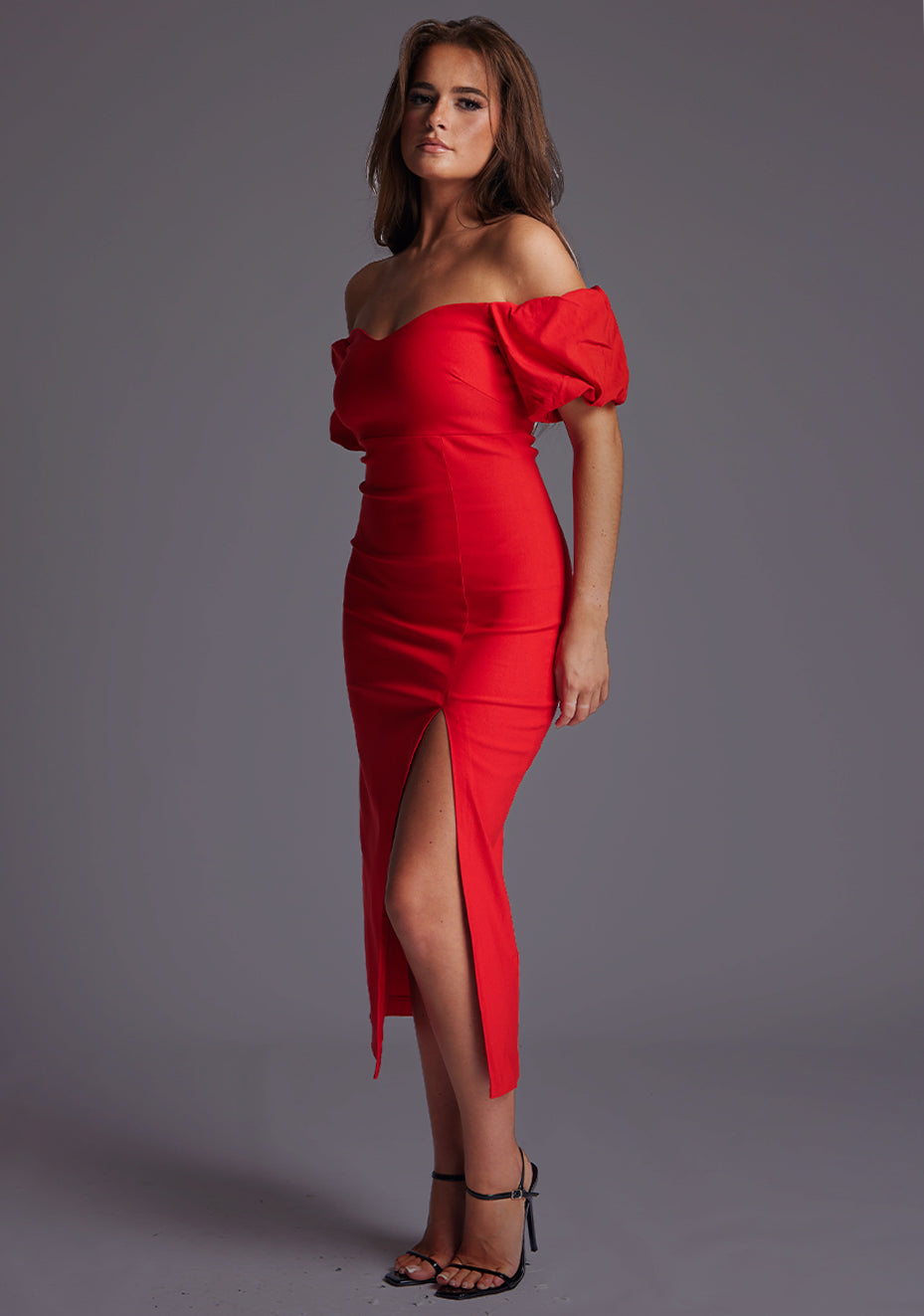 Lottie | Bardot Neckline Red Midaxi Dress