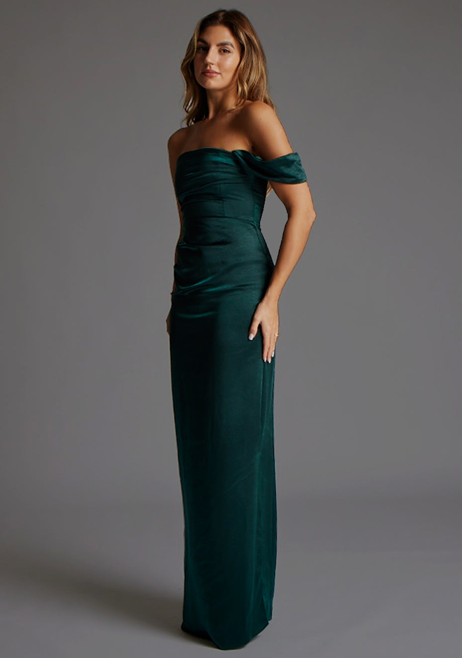Roselie | Draped Satin Pine Maxi Dress