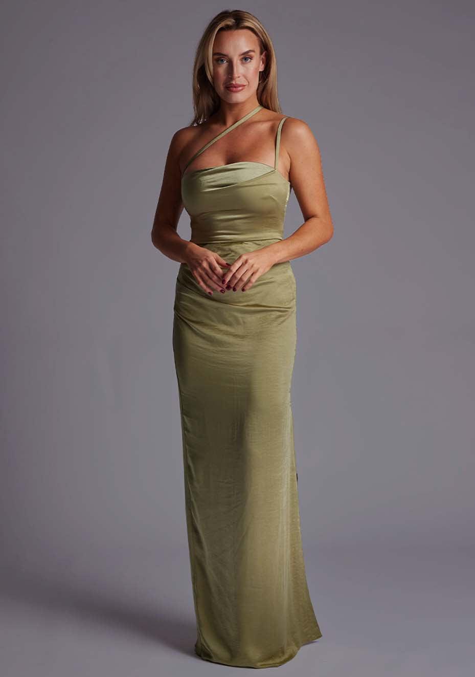Solange | Satin Ruched Waist Olive Maxi Dress