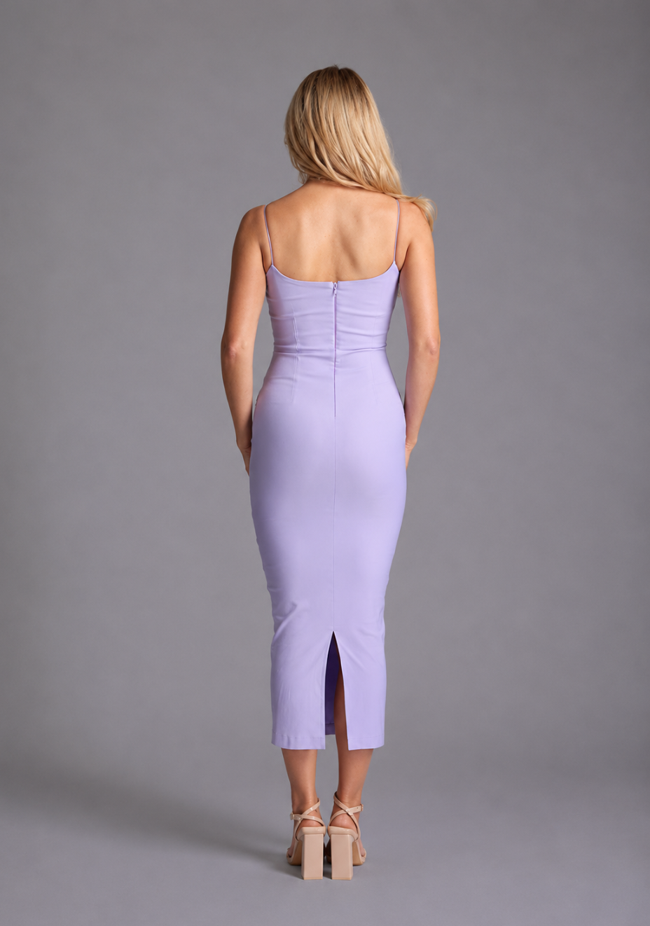 Vesper lilac strappy midaxi bodycon dress with square neckline and fitted silhouette, back view on blonde model against grey studio background.