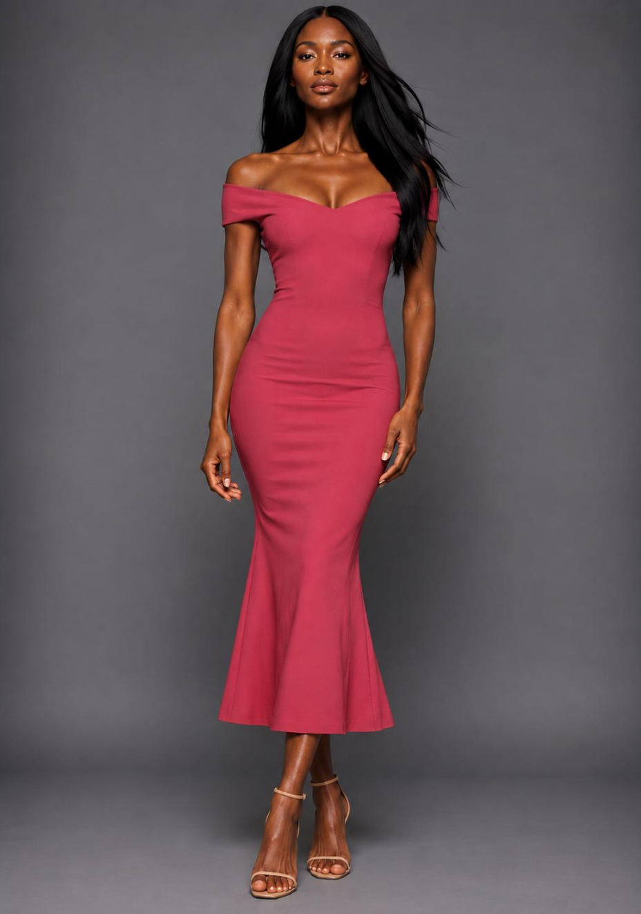 Brielle | Bardot Fishtail Raspberry Midaxi Dress