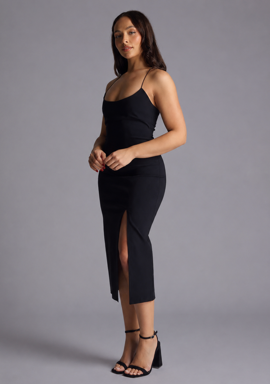 Beryl | Petite Strappy Bodycon Black Midaxi Dress