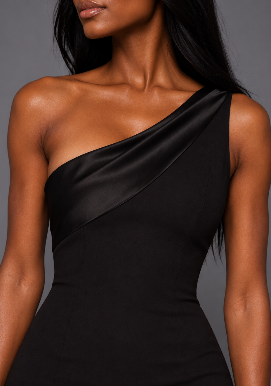 Fliss | One Shoulder Satin Band Black Maxi Dress