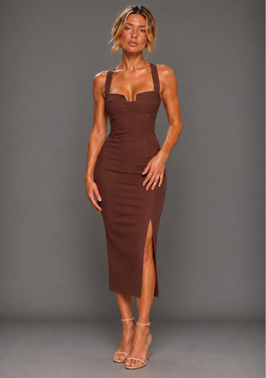 Nellie | Notch Neck Chocolate Midaxi Dress