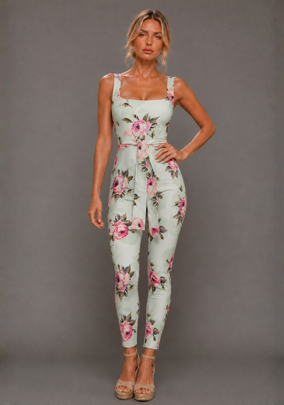 Front image of a model wearing the VSPR Nala Square Neckline Mint Floral Jumpsuit in Mint Floral with a square neckline and tapered wide-leg silhouette, standing against a grey studio backdrop.