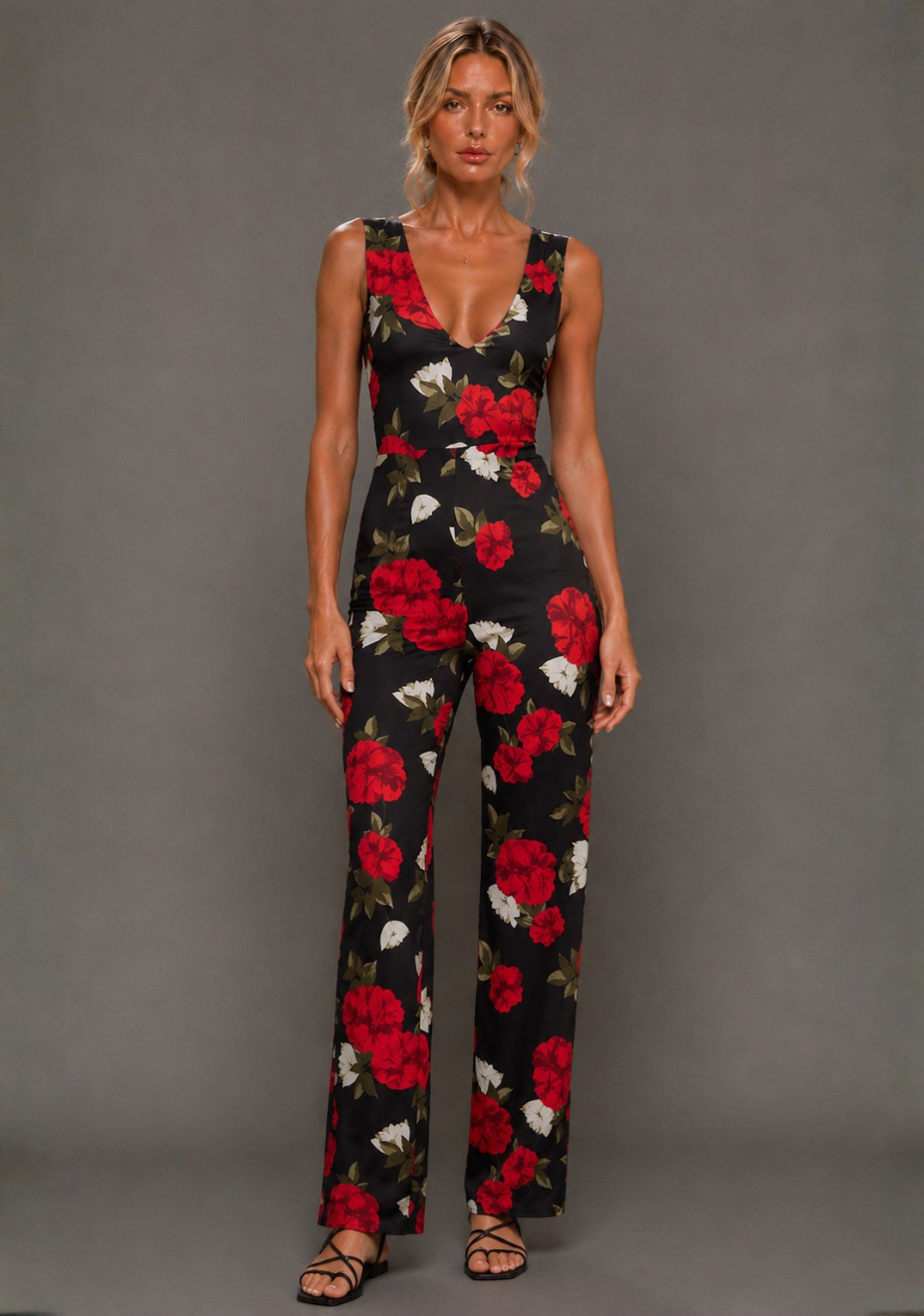 Noelle | V Neckline Black Floral Wide Leg Jumpsuit