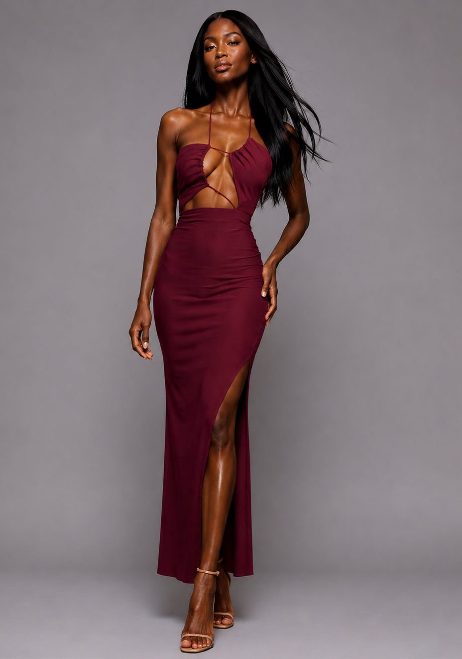 Opal | Cut-Out Halter Burgundy Maxi Dress