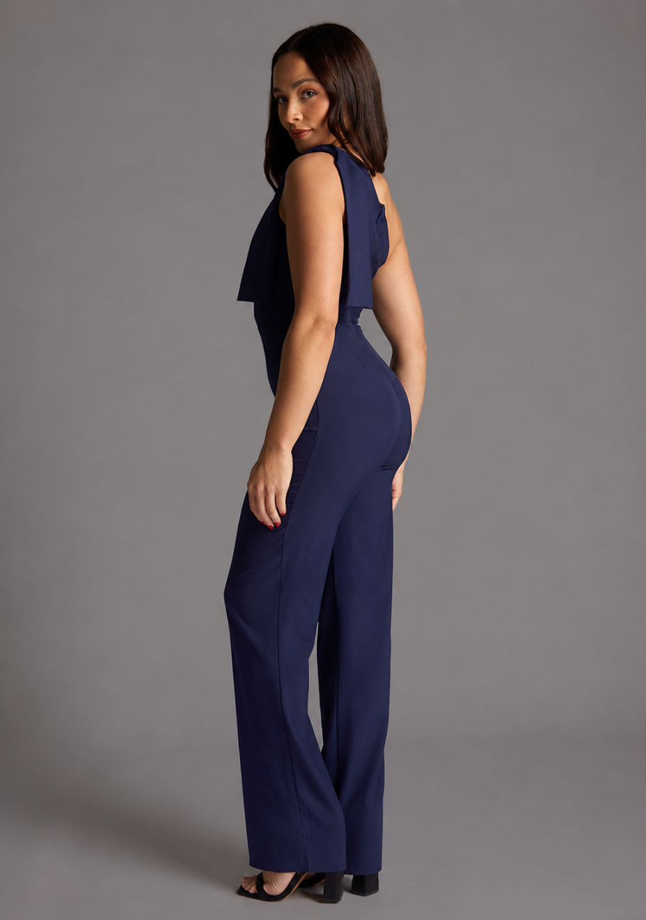 Gracie | Petite One Shoulder Wide Leg Navy Jumpsuit