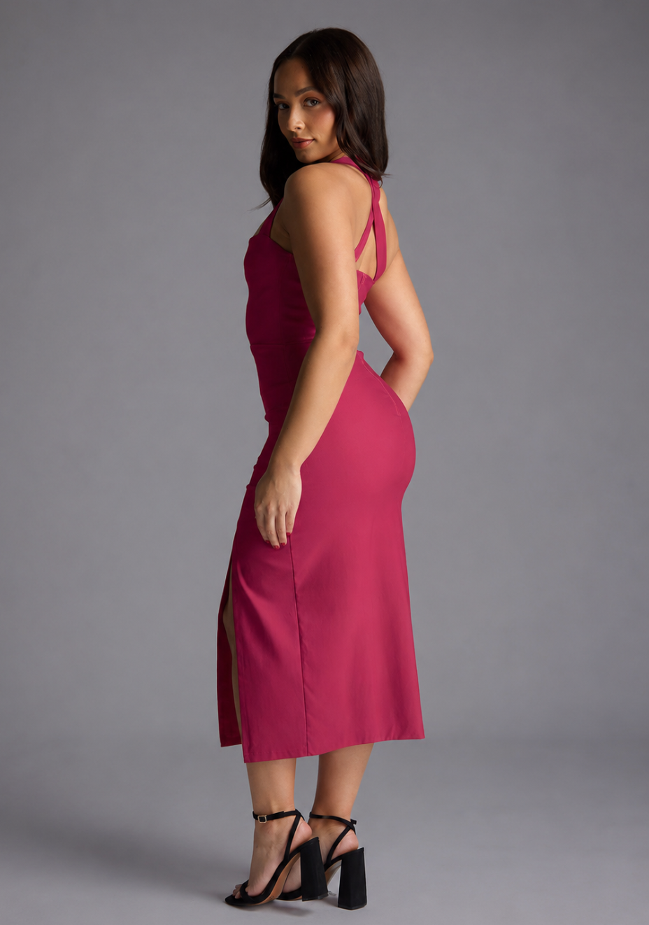 Nellie | Petite Notch Neck Cerise Midaxi Dress