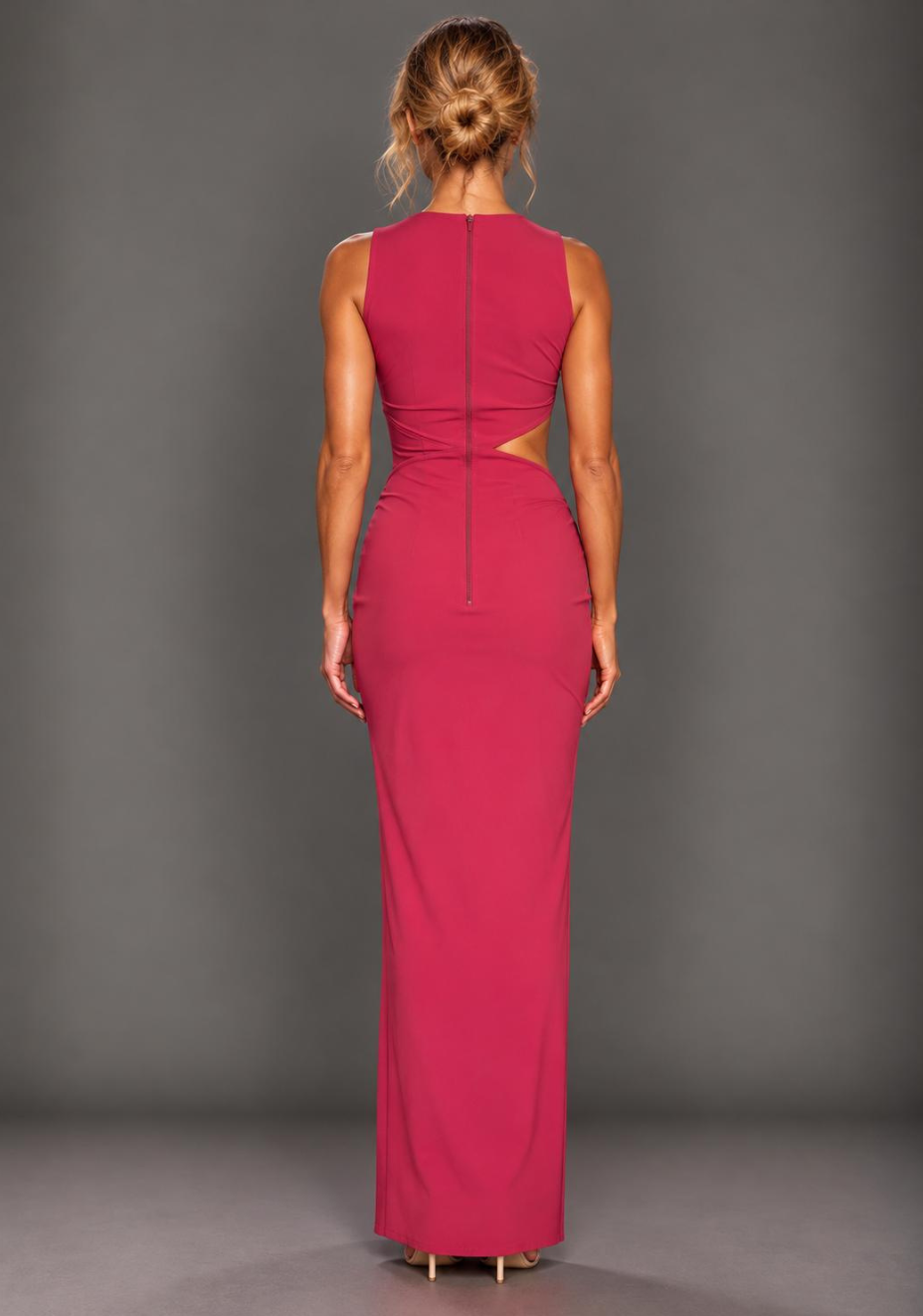 Rowan | Ruched Raspberry Maxi Dress With Cut Out Detail