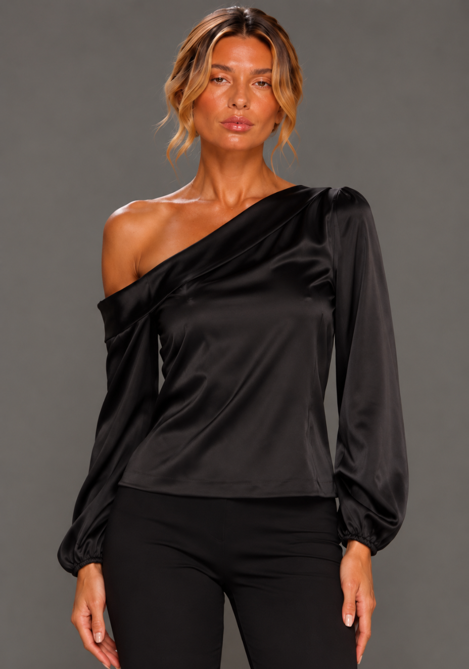 Helsa | Asymmetric Satin Black Top