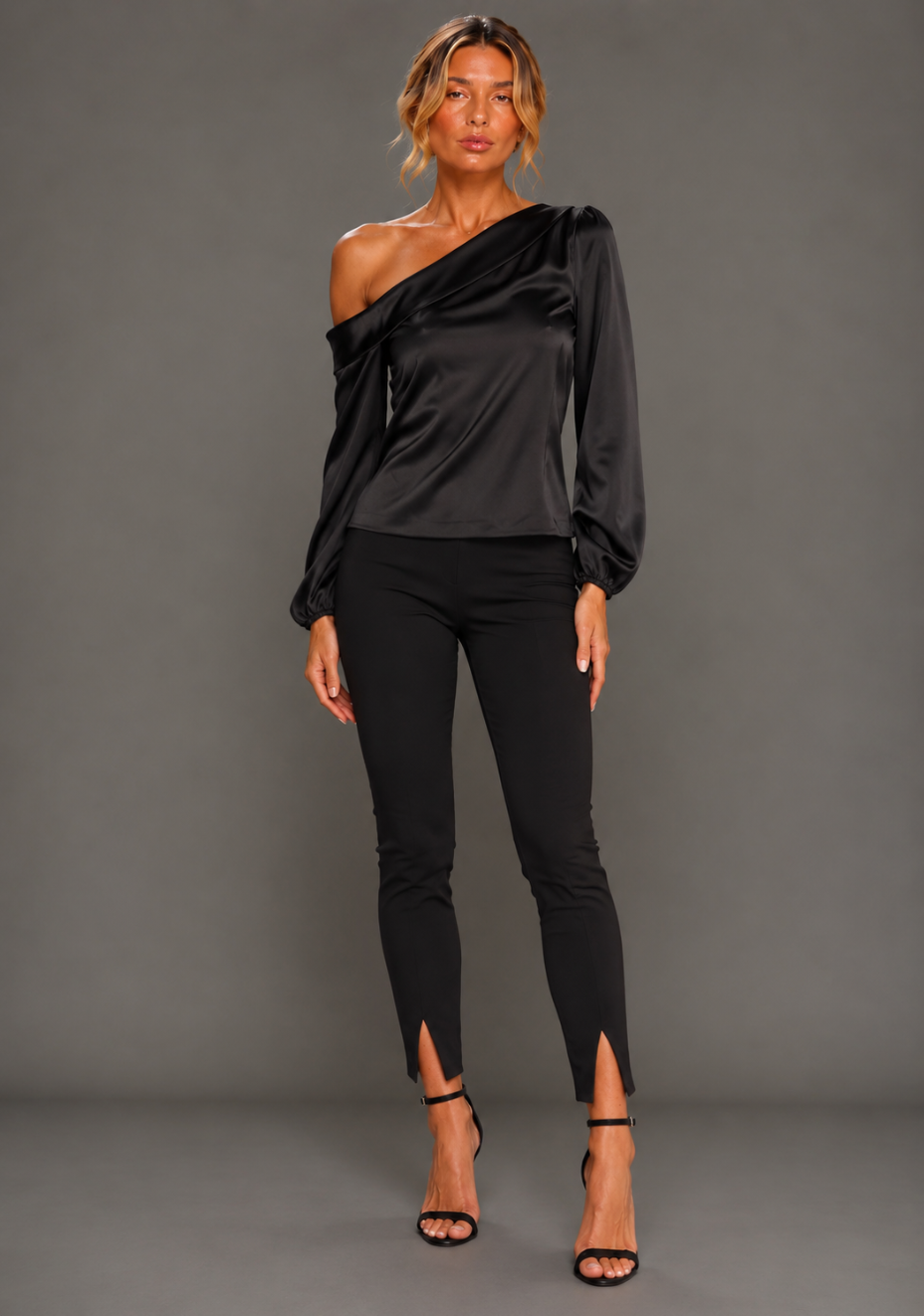 Helsa | Asymmetric Satin Black Top