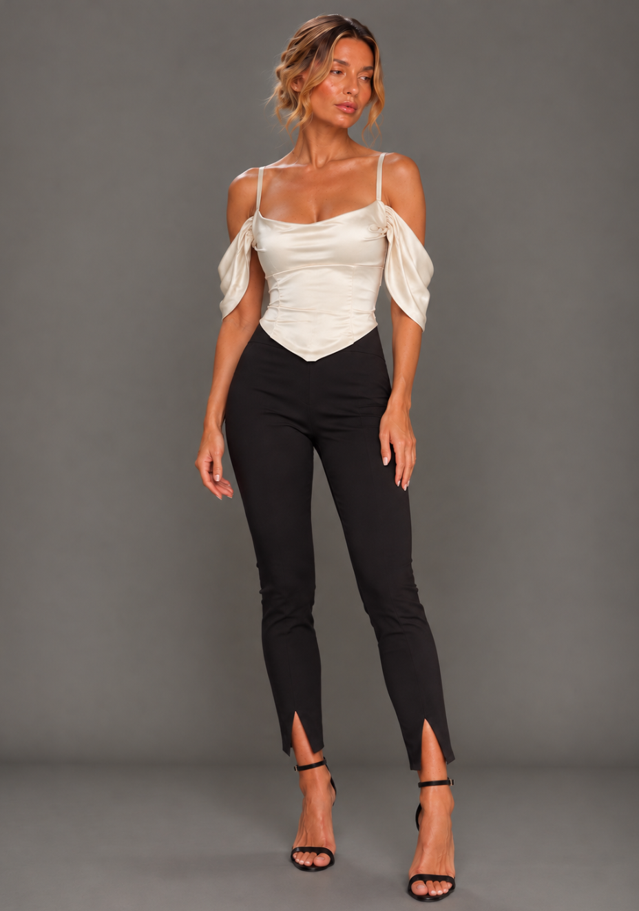 Amber | Bardot Satin Cream Top
