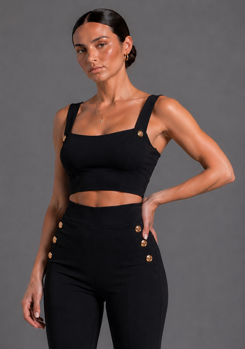 Athena | Square Neckline Button Detail Black Crop Top