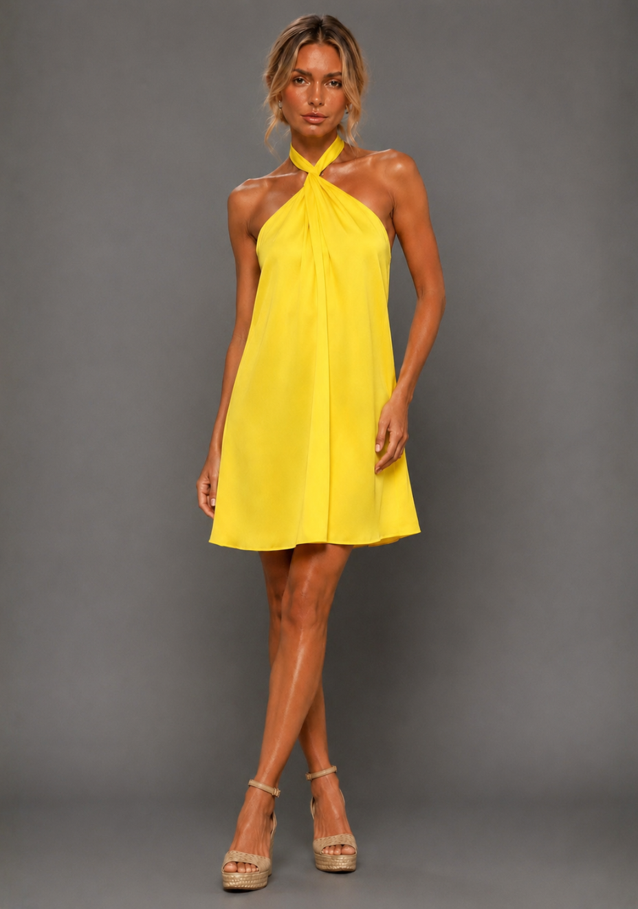 Ayesha | Twist Neck Yellow Mini Dress