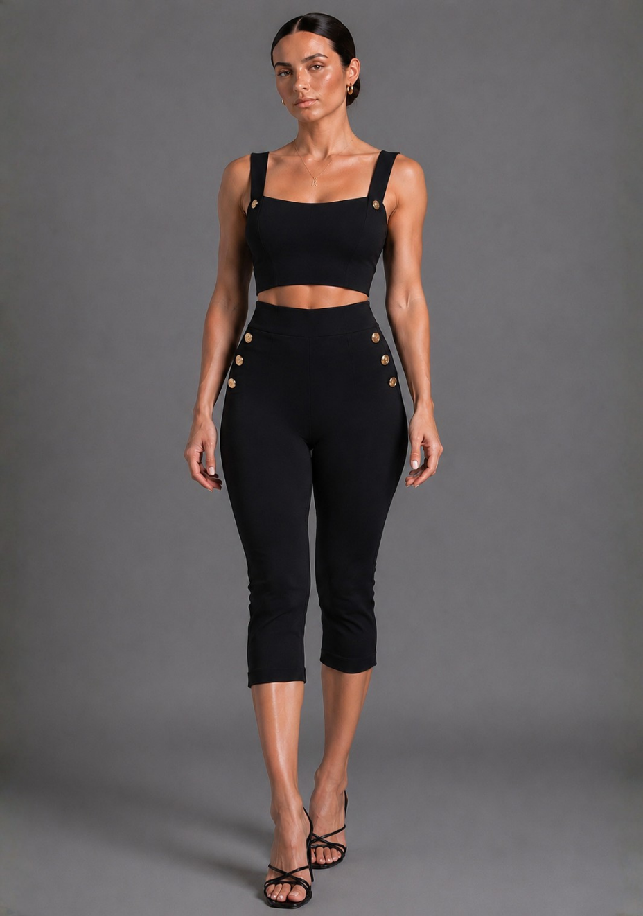 Capri | Cropped Black Button Detail Trousers