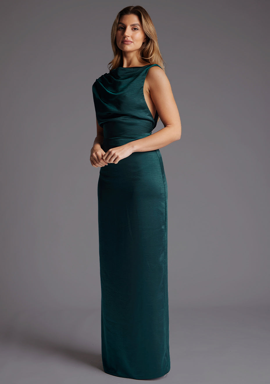 Anoushka | High Neck Open Back Pine Green Maxi Dress