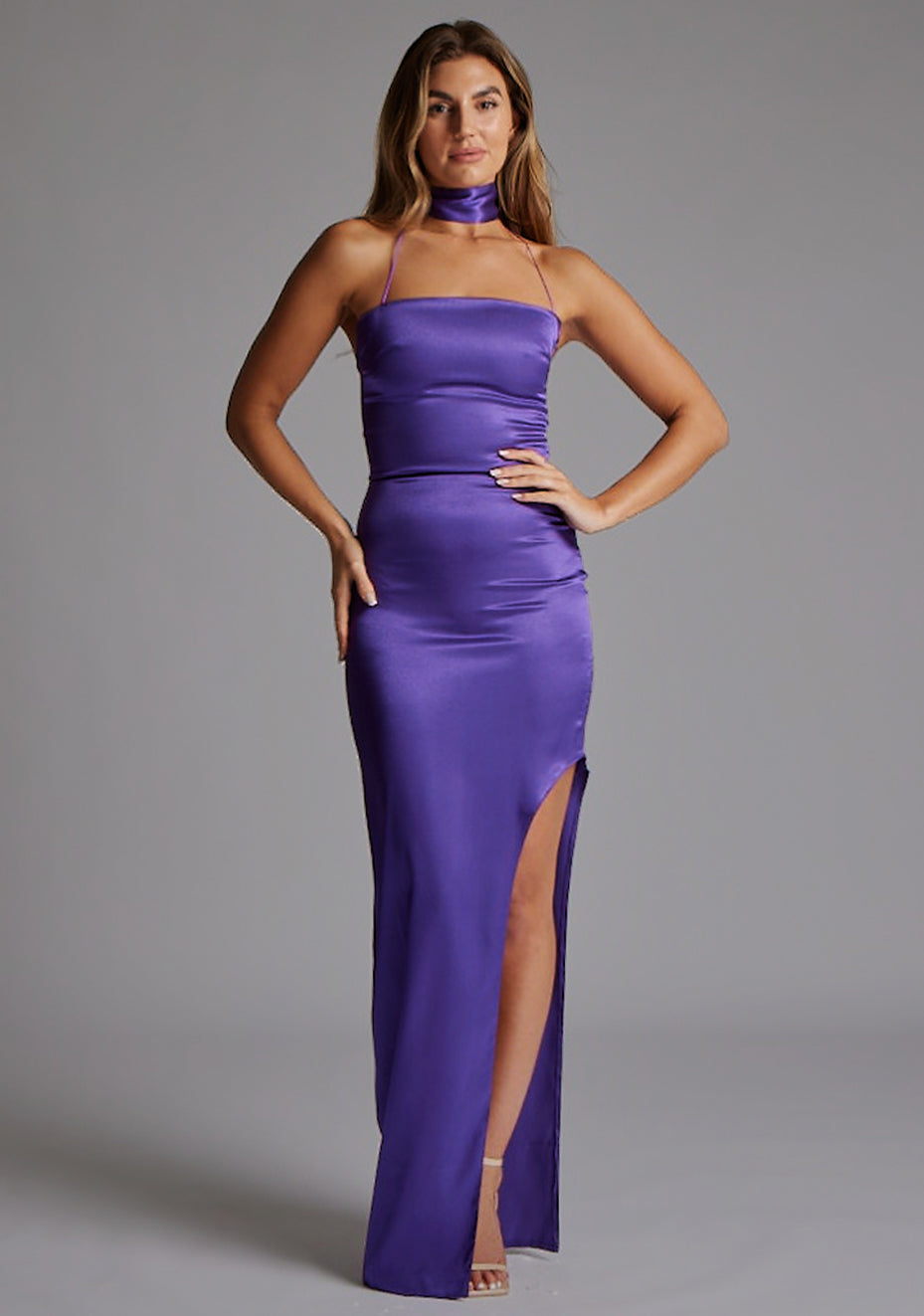 Bessie | Satin Scarf Detail Purple Maxi Dress