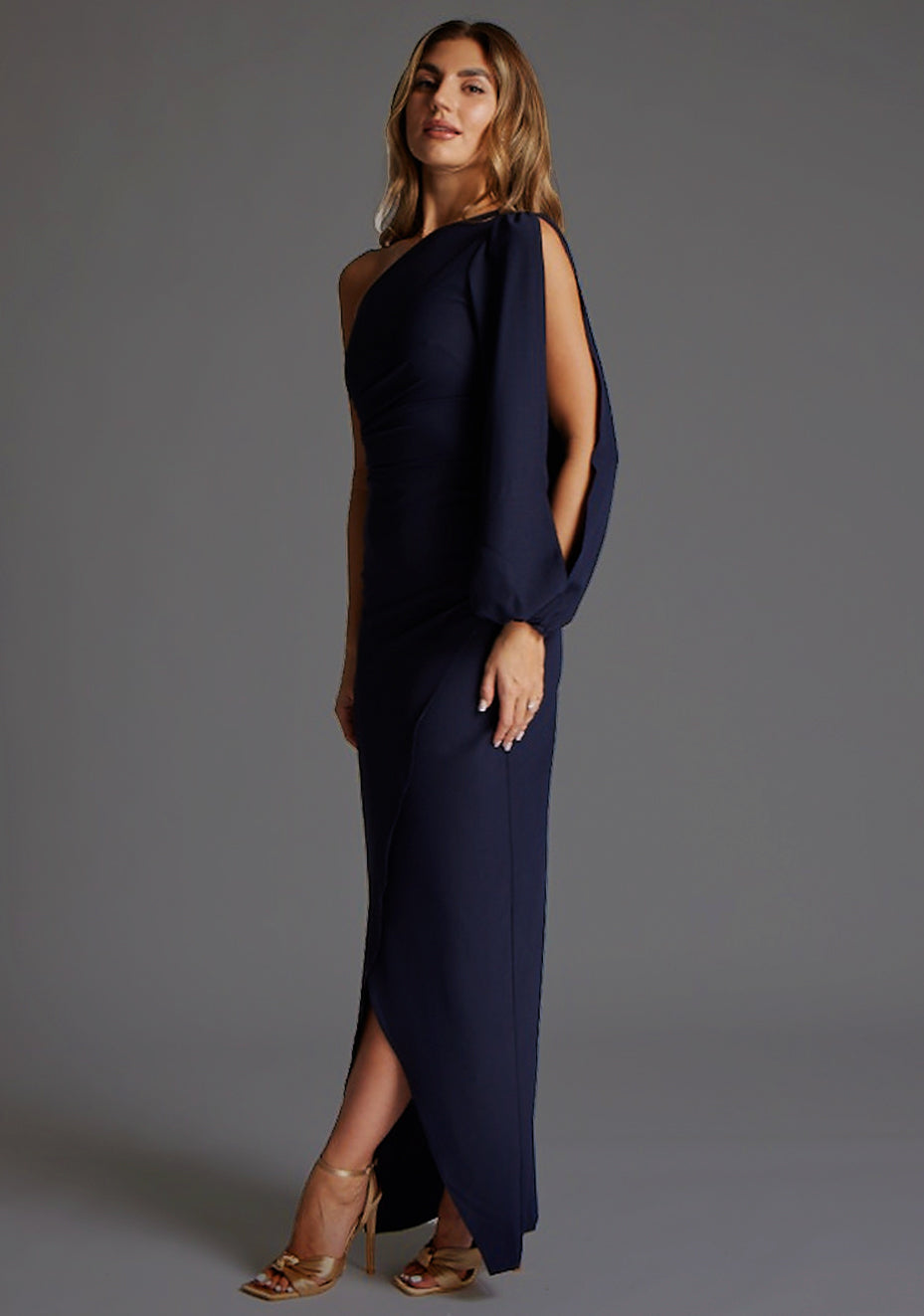 Brooklyn | One Shoulder Drape Sleeve Navy Maxi Dress