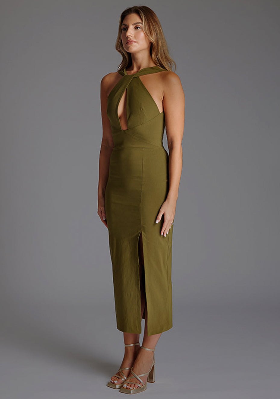 Carter | Halterneck Bodycon Olive Midaxi Dress