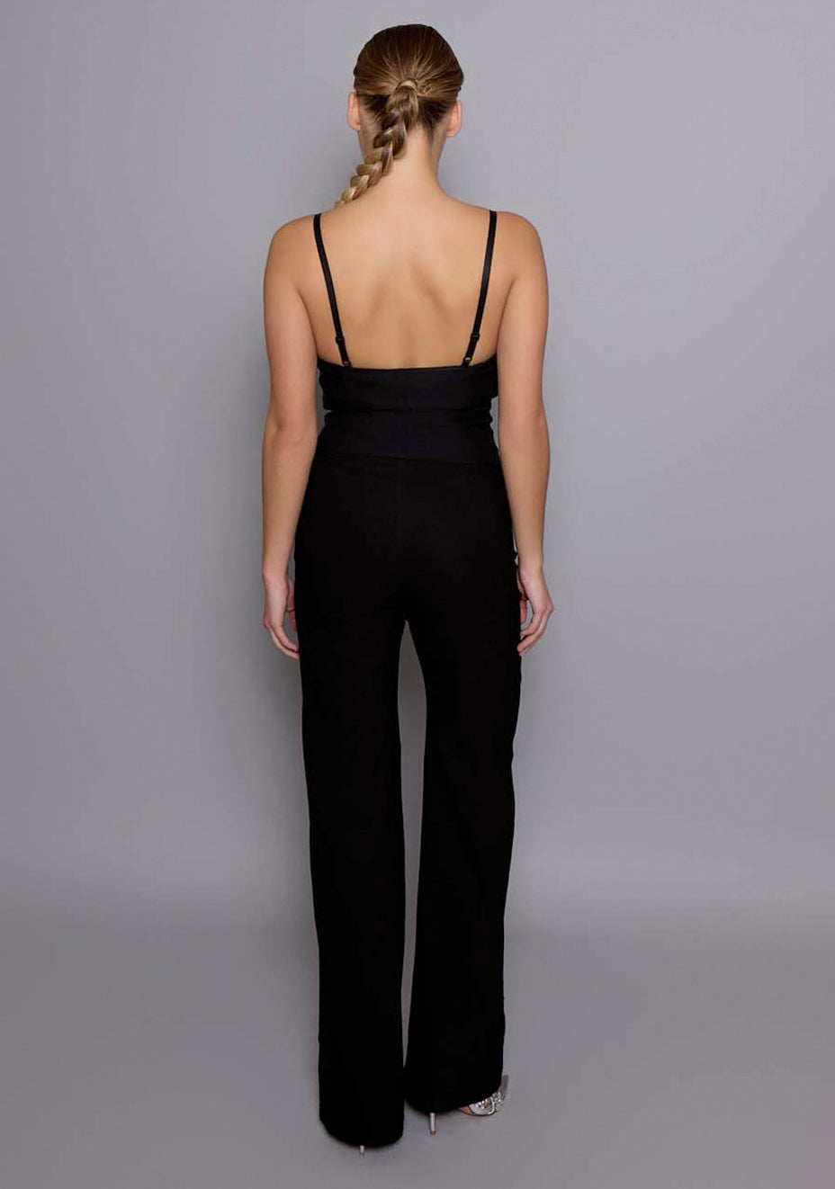 Back view of the VSPR Cassia Sculpted Basque, showing the adjustable straps, contoured seams, and subtle boning that defines the waist for a sleek and tailored fit.