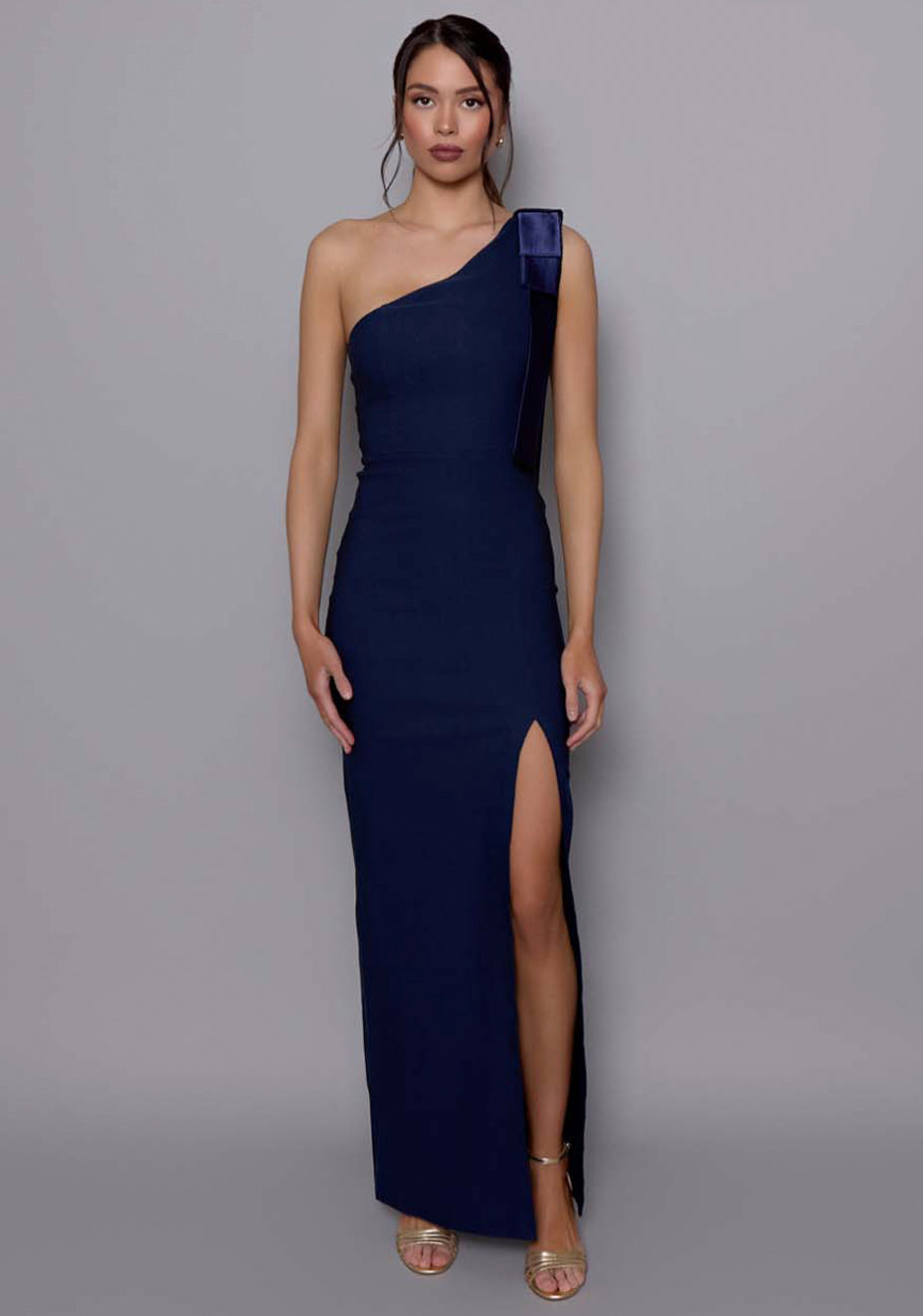 Cedar | One Shoulder Bow Shoulder Navy Maxi Dress