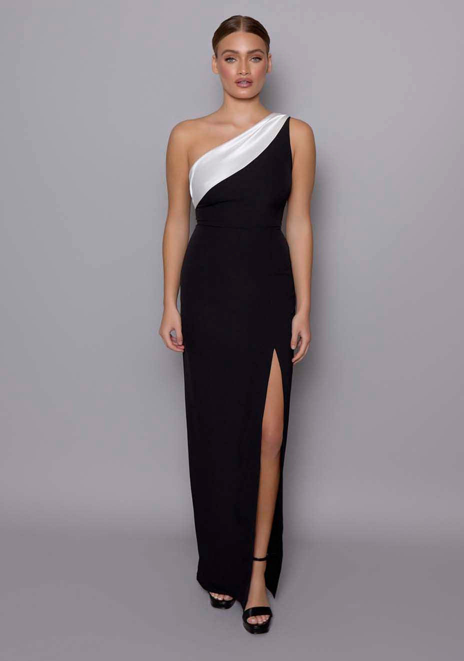 Fliss | One Shoulder Contrast Satin Band Monochrome Maxi Dress