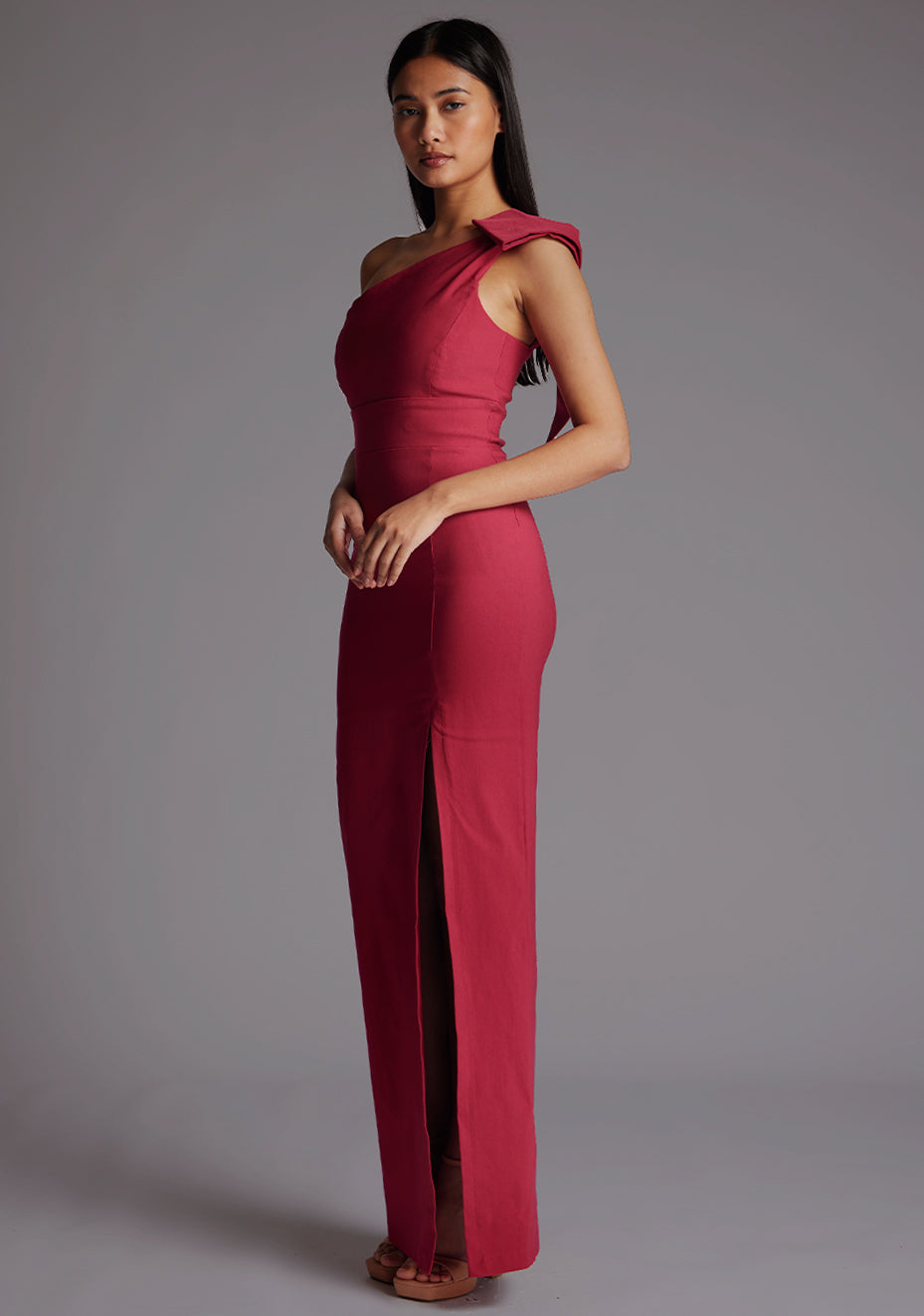 Keegan | One Shoulder Raspberry Maxi Dress With Bow