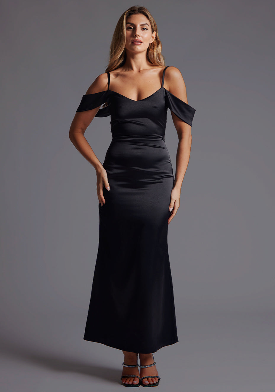Luisa | Bardot Satin Black Maxi Dress