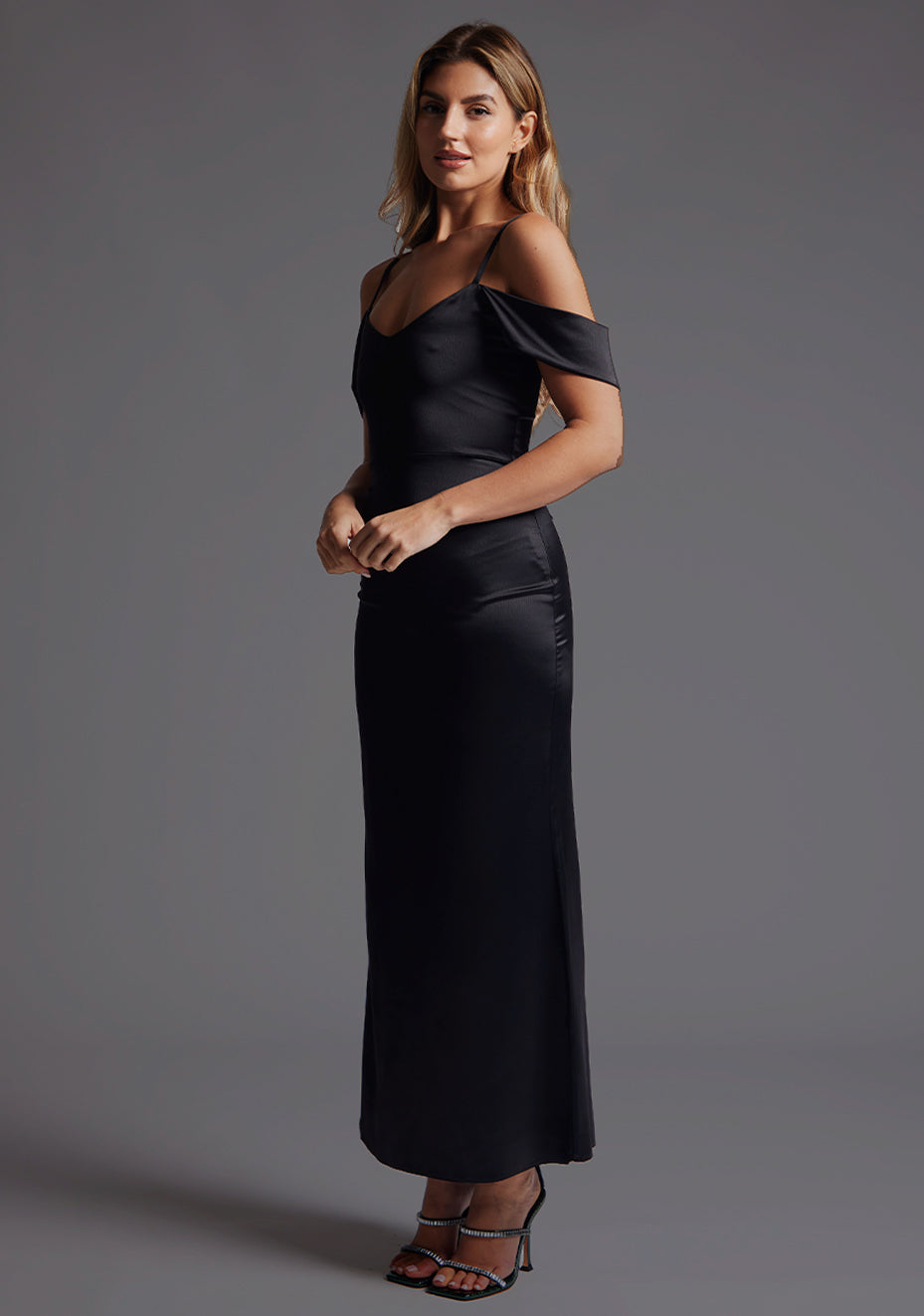 Luisa | Bardot Satin Black Maxi Dress