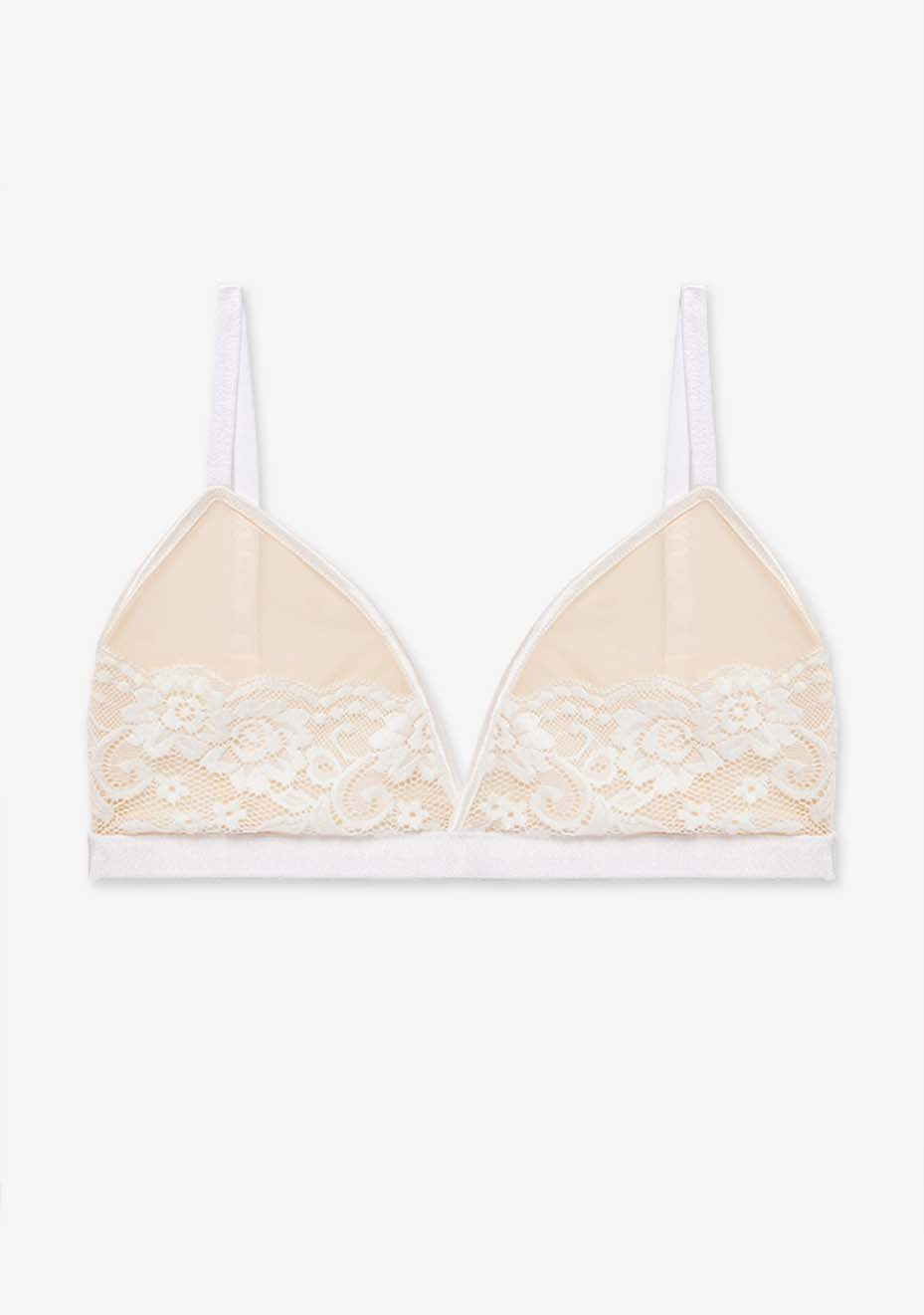 VSPR Lyra bra in white and nude colors, detailed with soft flower lace patterns, shown against a clean white backdrop.